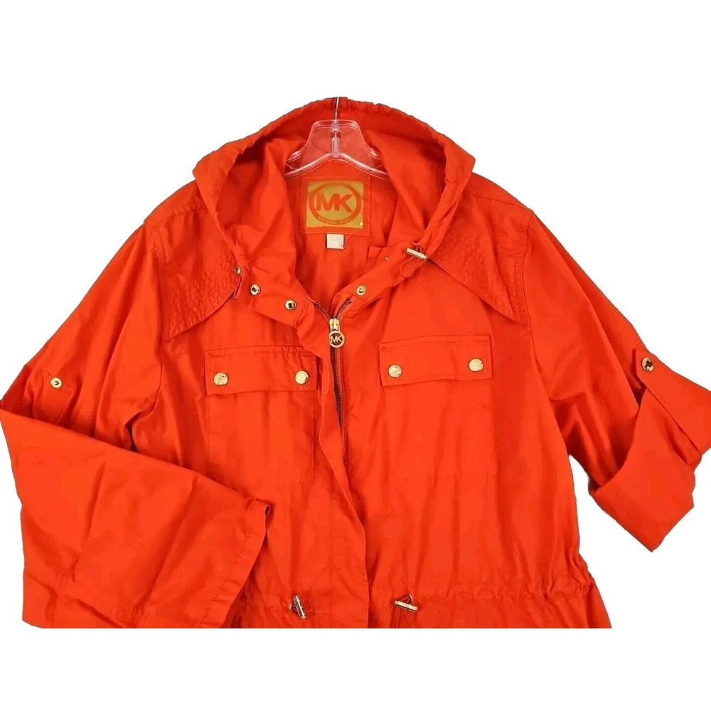 Michael Kors Woman Size L~ Orange Full Zip/Snap Cotton Hood Windbreaker Unlined.